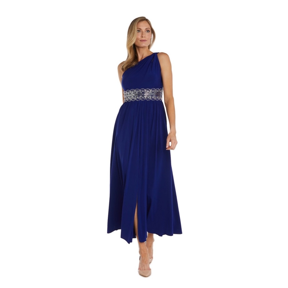R&M Richards Twist Detail One-Shoulder Beaded Waist Jersey Dress Multiple Sizes